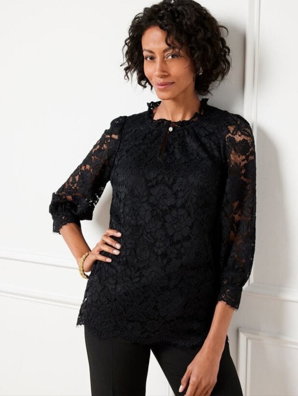 Talbots Elegant Black Lace Mock Keyhole Neck Blouse - Size 10 NWOT